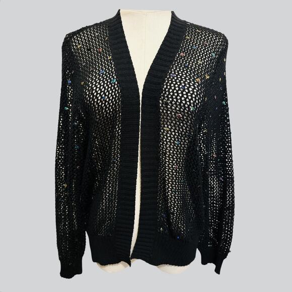 Moe Black Open Mesh Iridescent Sequins Whimsigoth Fairy Grunge Cardigan Size 3X - Picture 1 of 9